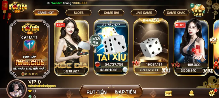 Sảnh game Iwin Club đa dạng hình thức thể loại.